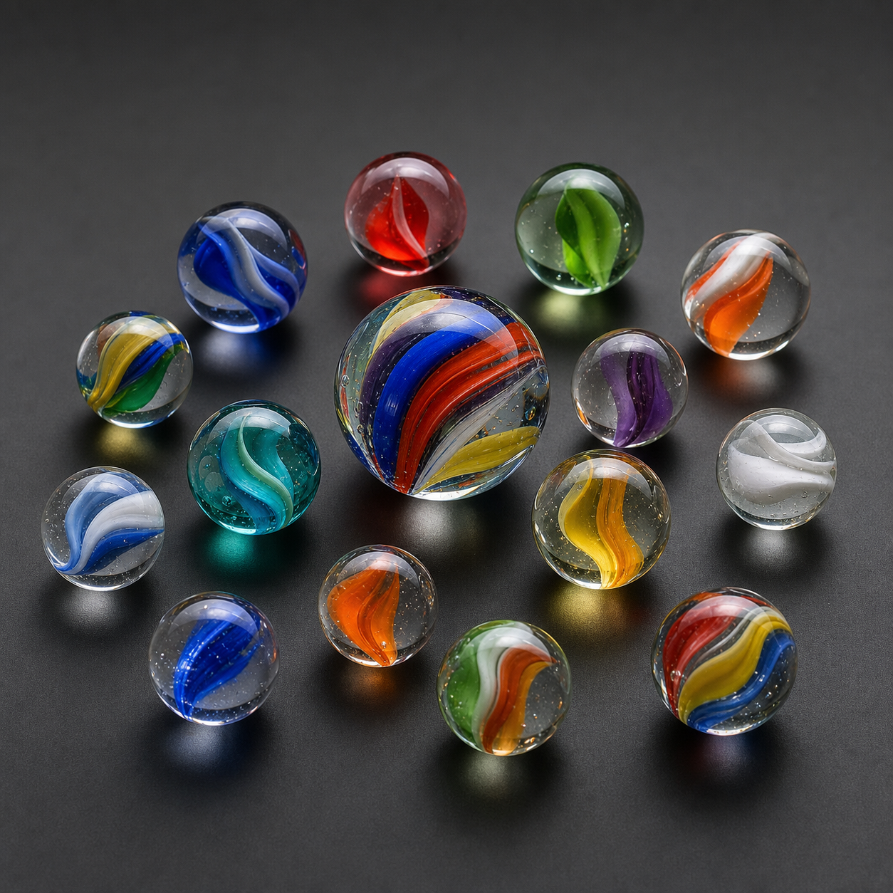 Studio reference showing fifteen traditional glass marbles on a charcoal surface